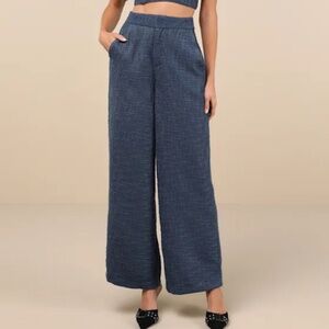Lulus Chic And Sophisticated Navy Blue Tweed Wide-leg Pants - Size L